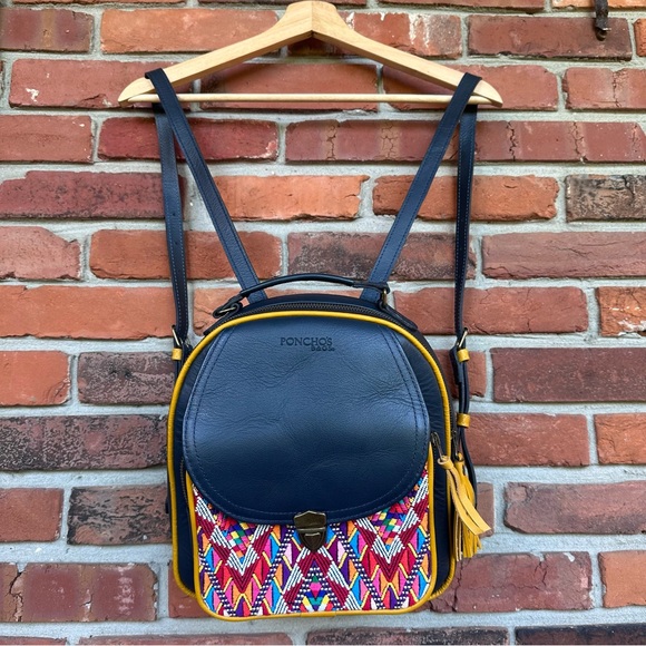 Leather Backpack with huipil woven embroidered fabric handmade in Guatemala New - Picture 11 of 11